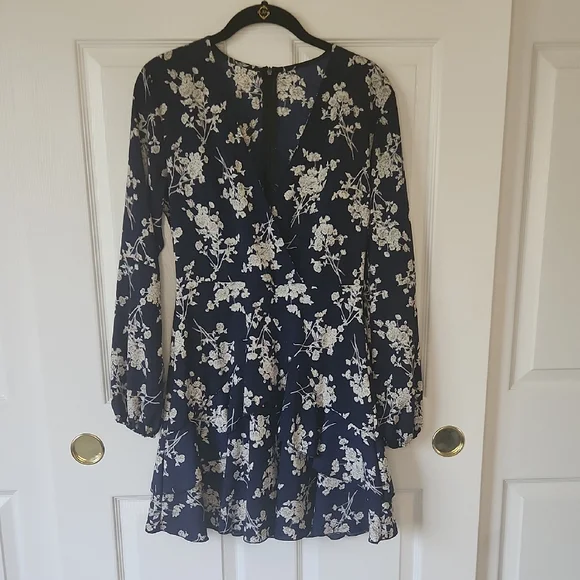 Navy Dark Blue Floral Flirty Faux Wrap Fabric Belt Long Sleeve Dress Size M - Picture 11 of 11